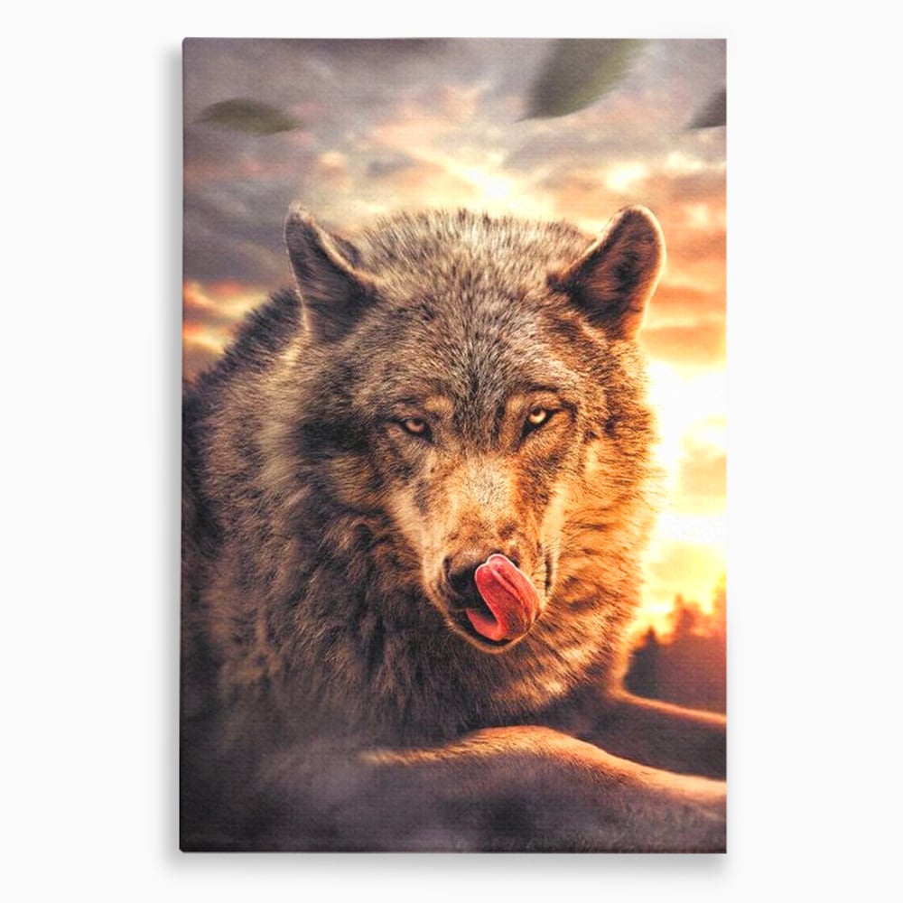 Tablou canvas cu tablou canvas cu lup salbatic la apus, fara rama, pe sasiu de lemn